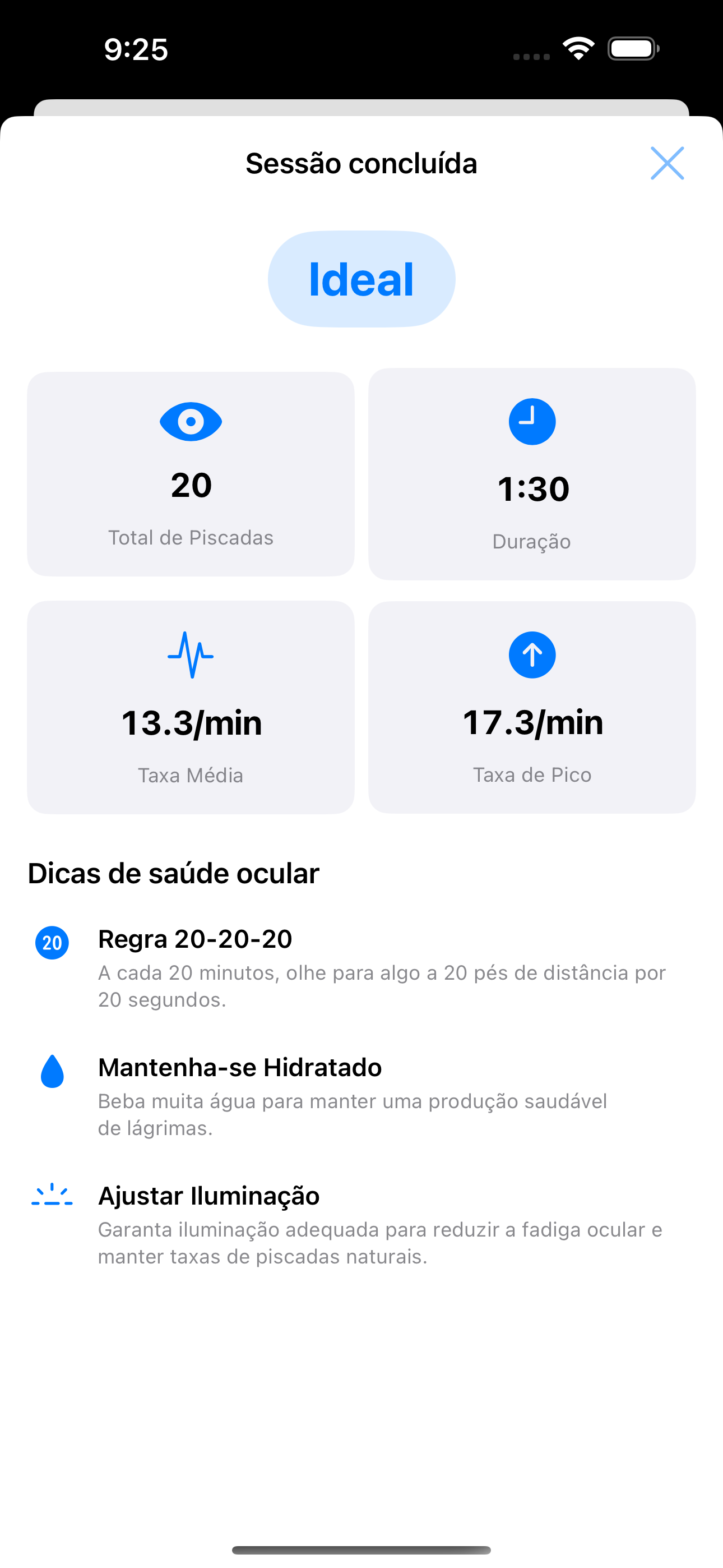 Tela de resumo da sessão